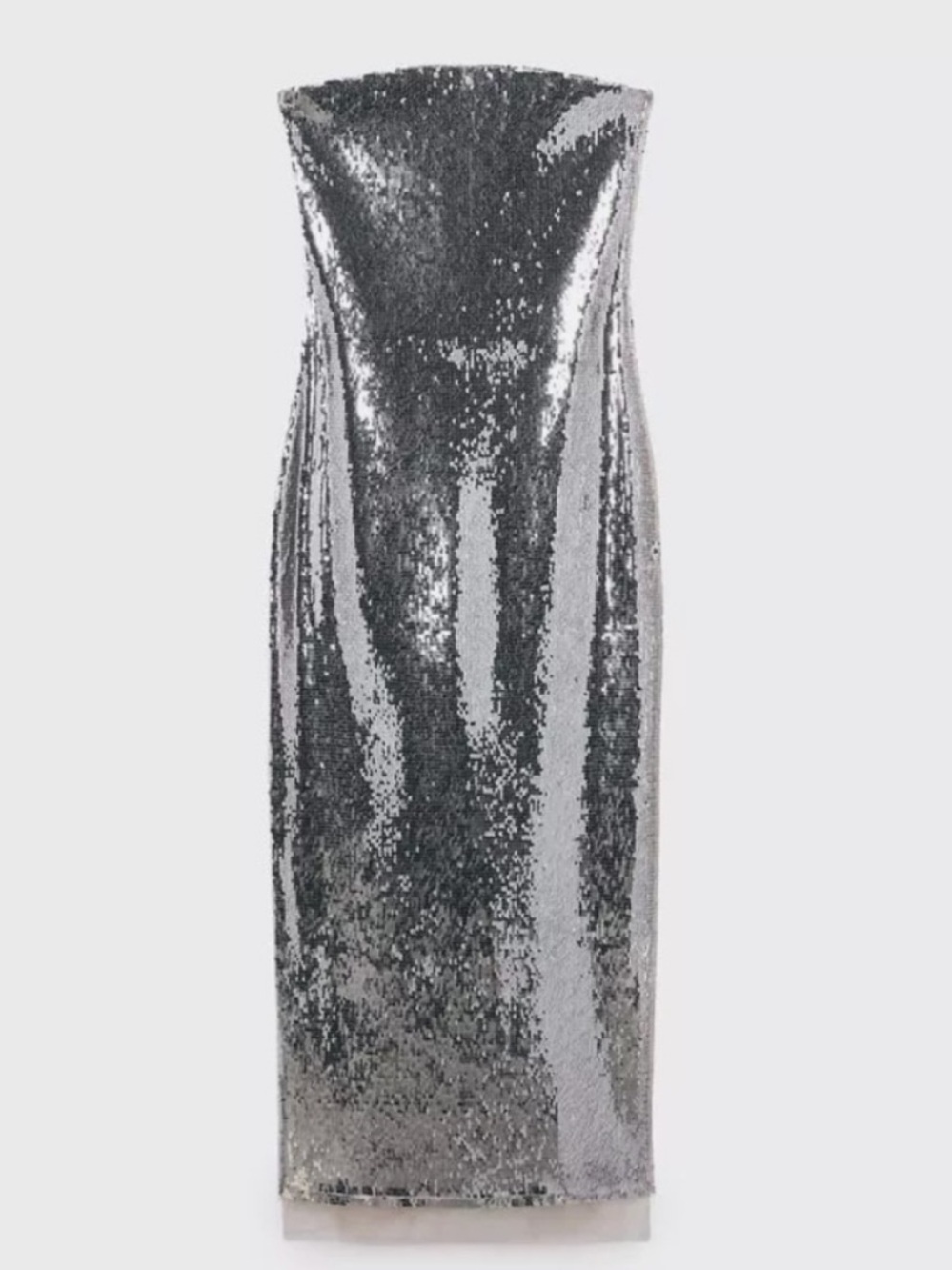 Zara Strapless Silver Metallic Sequin Midi Tube Dress Size Small - Picture 3 of 12